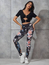Sporty High Waist Wide Waistband Slim Fit Floral Print Tummy Control Running Yoga Stretchy Leggings